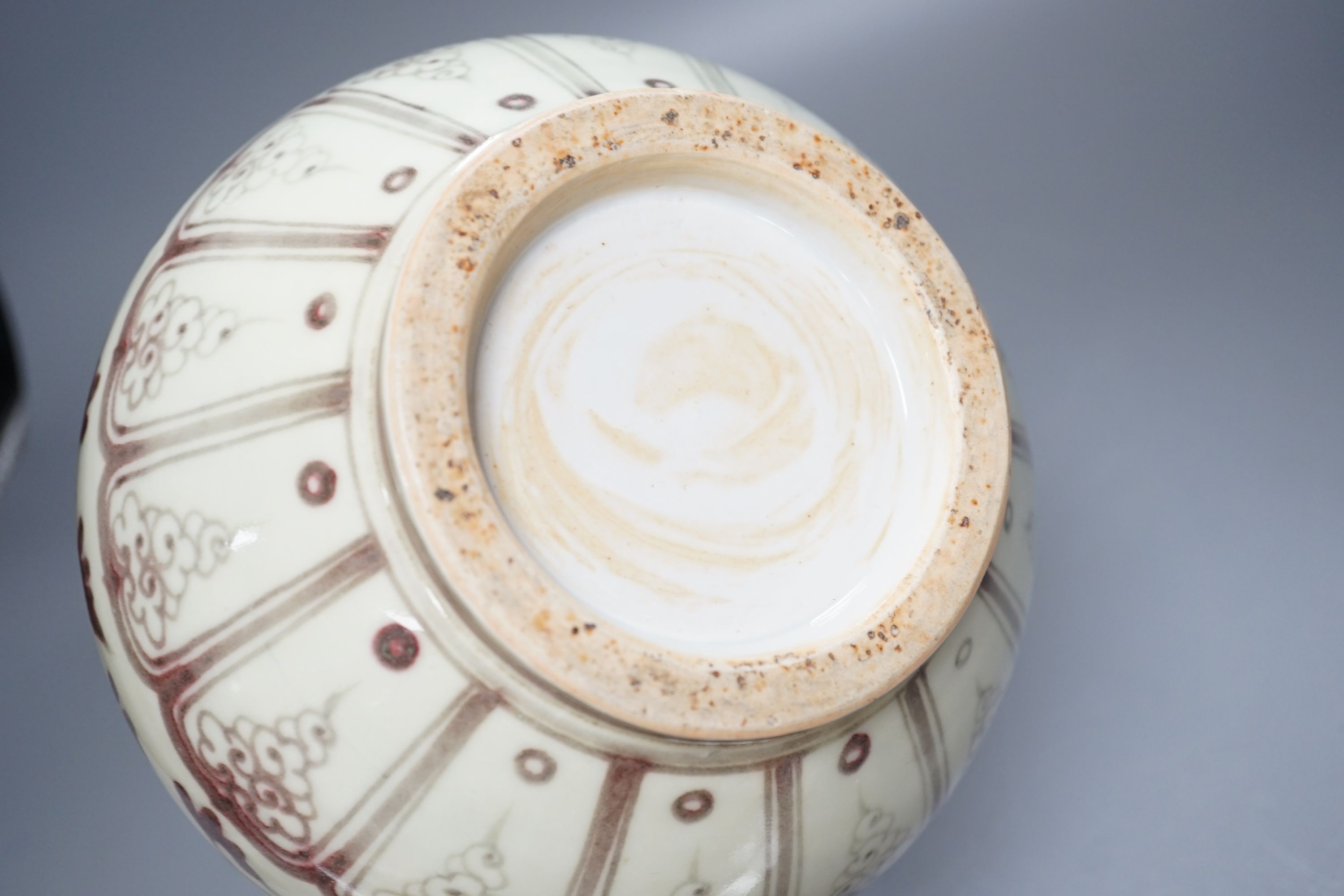 A Chinese red underglaze baluster jar, 32cm, and a 19th century Chinese blue and white ginger jar